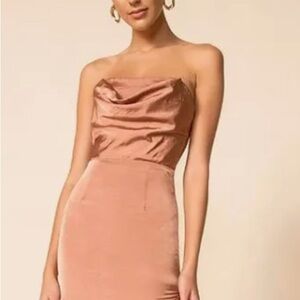 Elegant Tan Satin Dress with Slit